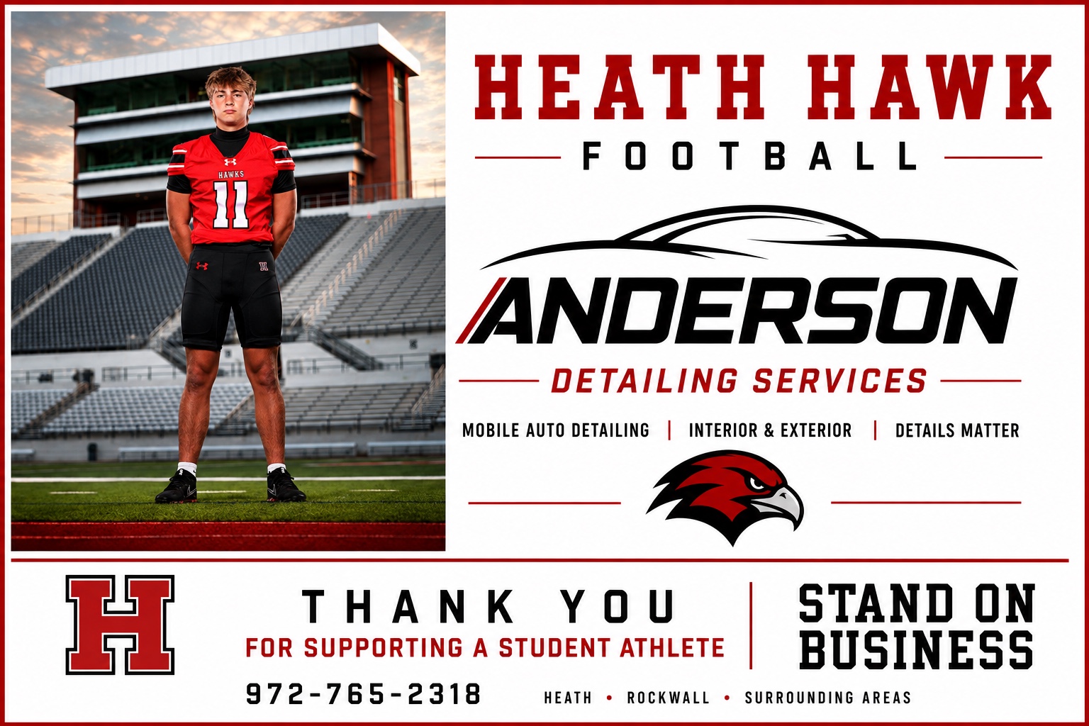 Anderson Detailing Services and Heath Hawks football brand board featuring Tripp Anderson, mobile auto detailing, phone number 972-765-2318, and Stand on Business